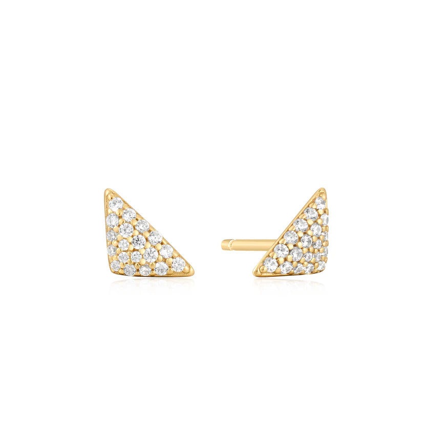 Gold triangle-shaped earrings with clear stones on a white background