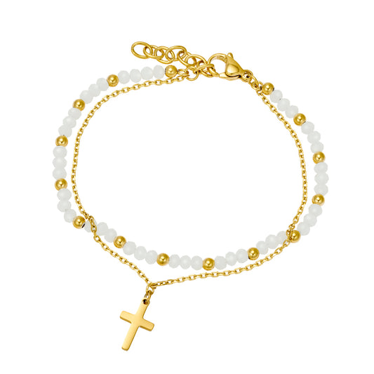 Duo Gold Plated Chain & White Bead Rosary Cross Bracelet